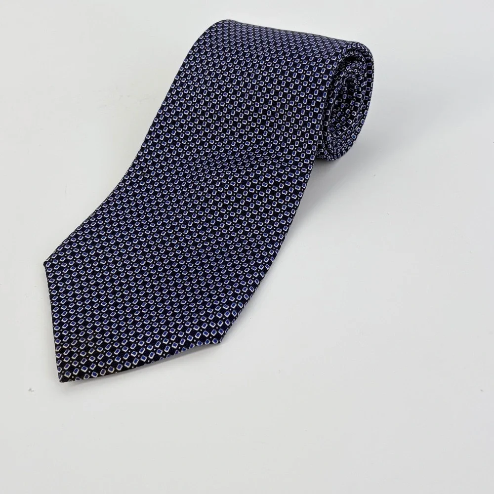 Lauren Ralph Lauren Mens Silk Tie Navy Blue Geometric Micro Square Hand Finished
